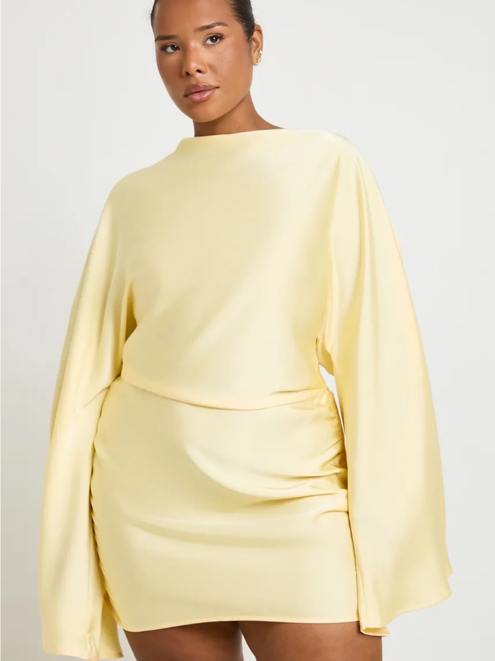 Boohoo Pale Yellow Long-Sleeve Satin Mini Dress